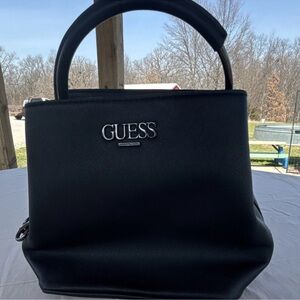 GUESS Black Structured Top-Handle Satchel with Silver Logo